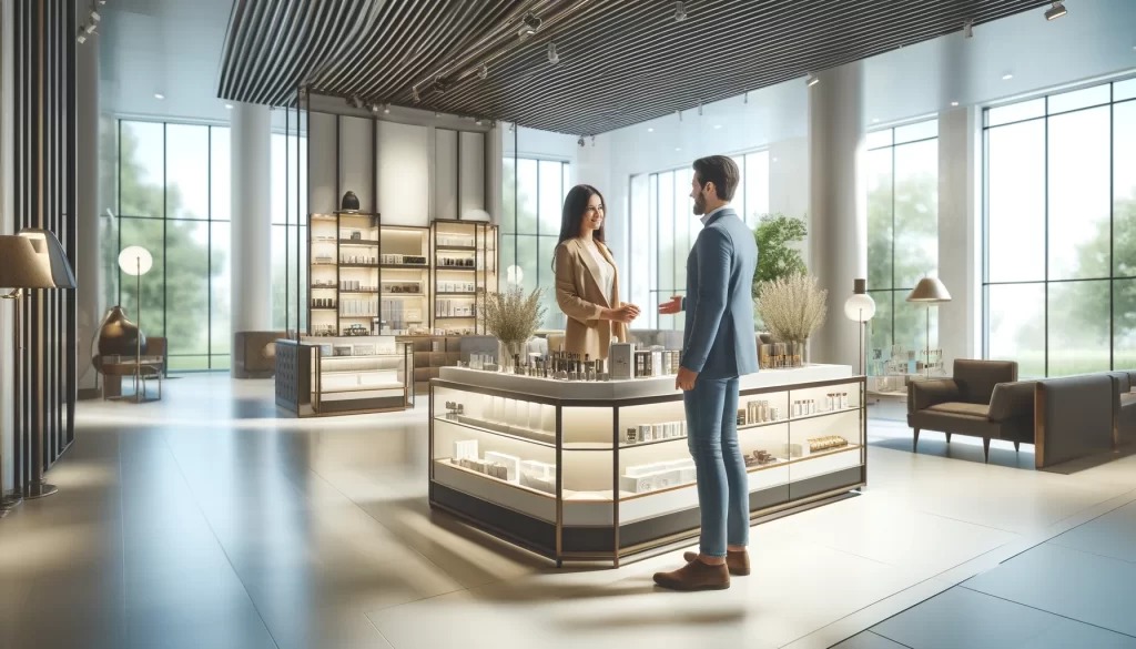 A saleswoman and male customer in an elegant retail store