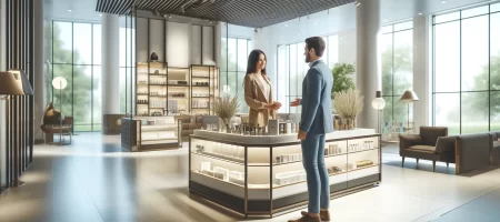 A saleswoman and male customer in an elegant retail store